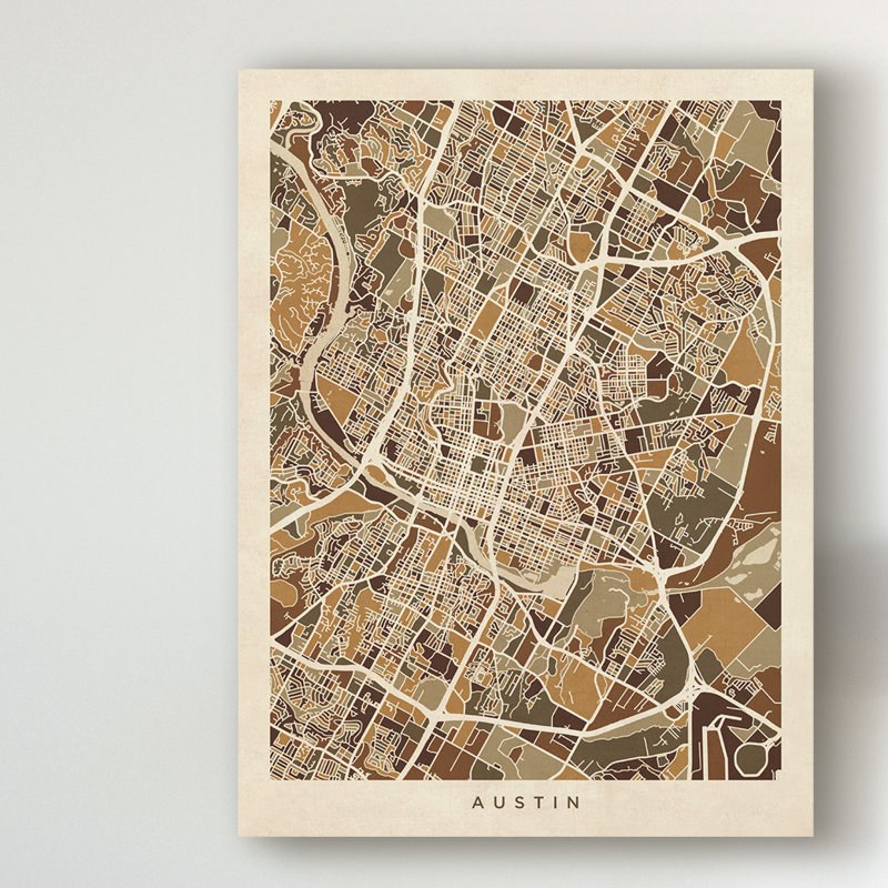 « austin texas city map brown », impression sur toile tendue, H 47 po x l 35 po x P 2 po
