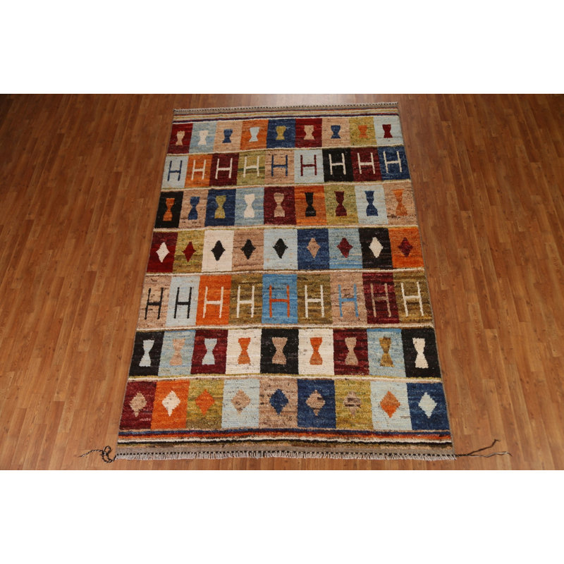 Tapis brun noué à la main de conception unique 6 pi 11 po x 10 pi