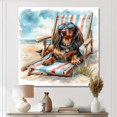Daschund Dog Tanning On A Beach Chair I - Coastal Animal Wall Decor