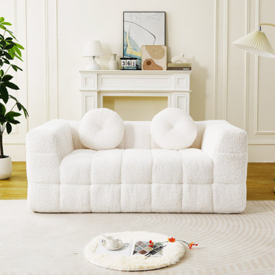 66.5" Boneless Couch With Two Circular Throw Pillows,Skin-Friendly Lychee-Textured Long-Pile Polyester Fabric,Checkered Fabric Design Two-Seater Foam Sofa