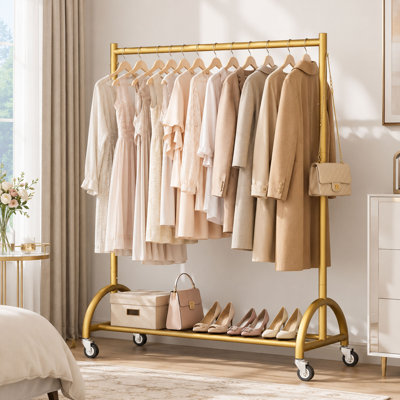 Gold Rolling Clothes Rack with Wheels, Side Storage and Bottom Shelf