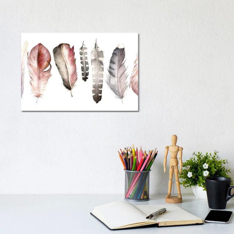 Pink Feathers by Wandering Laur - Wrapped Canvas Painting, 20.32 cm H x 30.48 cm W