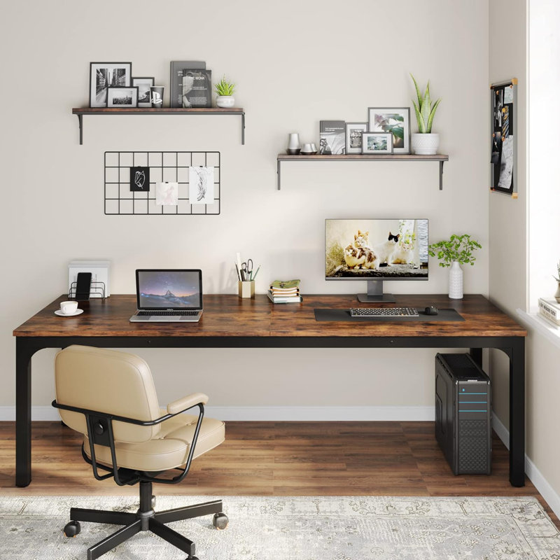 200cm W Metal Base Computer Desk, Brown, Black