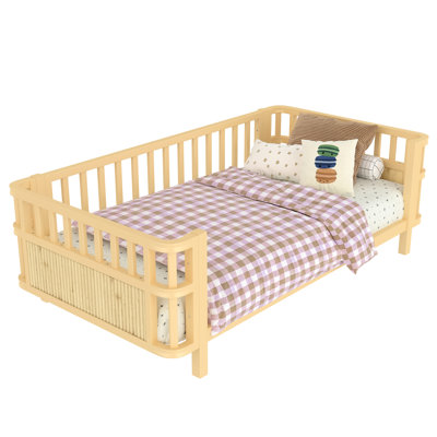 Natural Twin French Bed Frame For With Three - Sided Iron , Low Safe Use And Comfort, Plywood Construction, Modular Bedside, Removable Fence Design Sized , Comfortable Entry,