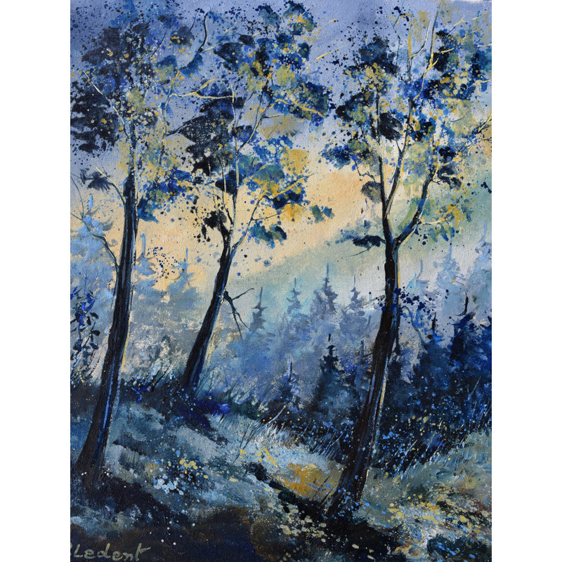 «Winter Light In The Wood» par Pol Ledent - Peinture, H 31,25 po x l 25,25 po, Papier avec cadre noir
