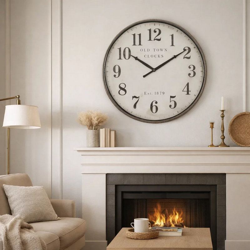 Ryx 30 Inch Oversized Round Wall Clock, Vintage Toned Classic Brown