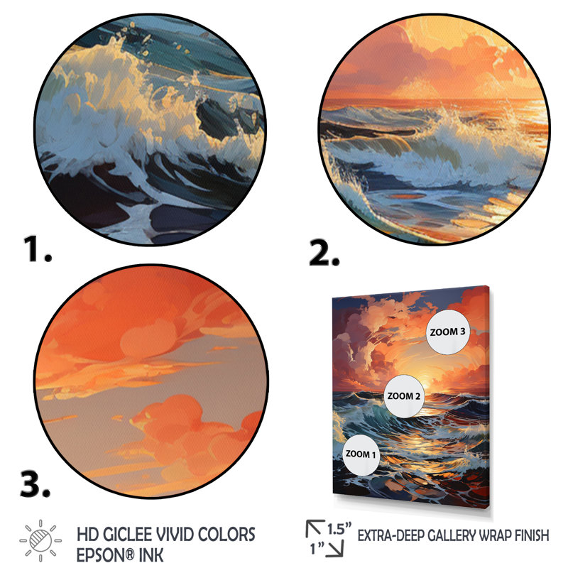 Orange, bleu sarcelle, vagues côtières I - impression, H 20 po x l 12 po x P 1 po, Cadre flottant doré