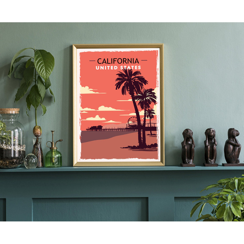 Affiche de voyage d'État de style rétro californien, impression rustique rétro, art mural maison, décoration murale de bureau