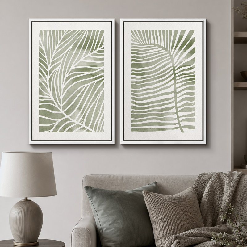 Abstrait botanique «feuilles de palmier tropical vert sauge délavé, images murales minimalistes modernes et simples, impression sur toile encadrée 2 pièces, ensemble de 16 x 24 x 2, 24 x 36 x 2