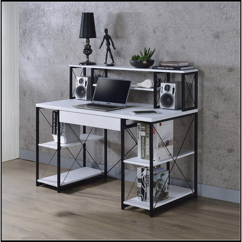 Writing Desk With One Drawer And 8 Open Compartment, White/Black