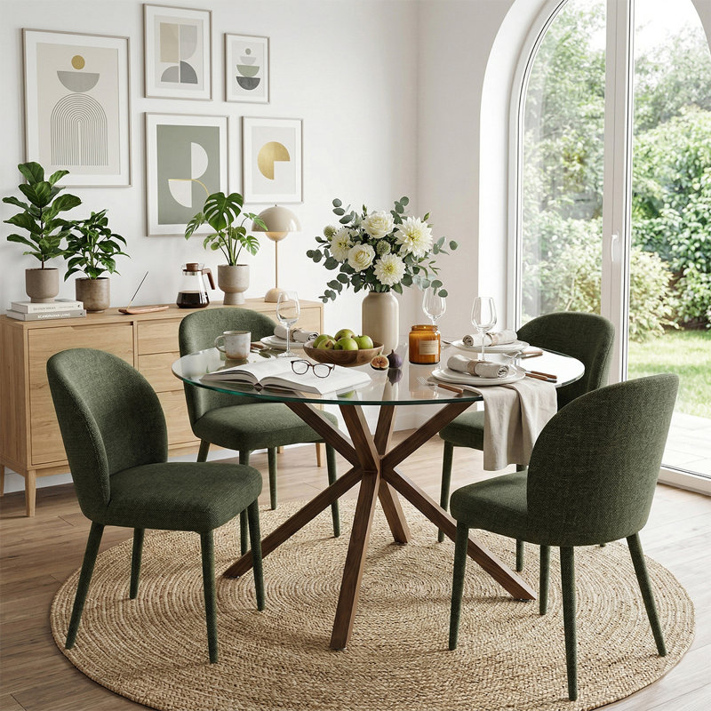 Modern 39" Round Glass Dining Table Set With 4 Upholstered Dining Chairs, Green