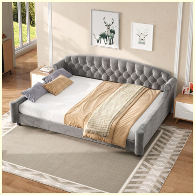 Lit de jour moderne de luxe Queen Size capitonné, lit de jour gris rembourré pour salon ou chambre