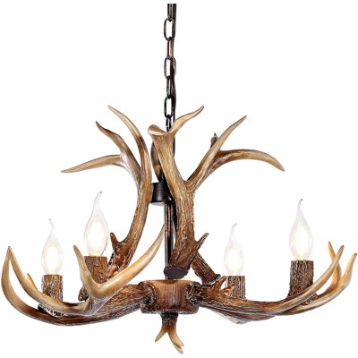 Luminaire en bois de lustre en bois de cerf avec lustre rustique de style campagnard pour la salle à manger, îlot de cuisine, vestibule et vestibule (4 lumières, brun)