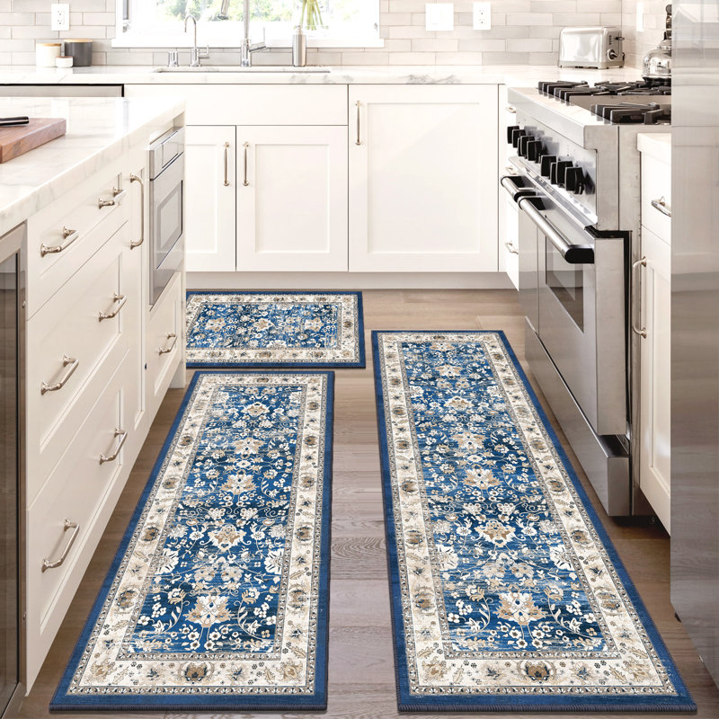 Tapis de cuisine antidérapants lavables à la machine (ensemble de 3), Beige/bleu