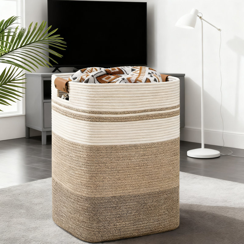 Large Laundry Hamper With Leather Handles, 95L Foldable Clothes Basket For Bedroom Storage, Breathable Cotton Woven Design For Home Organization