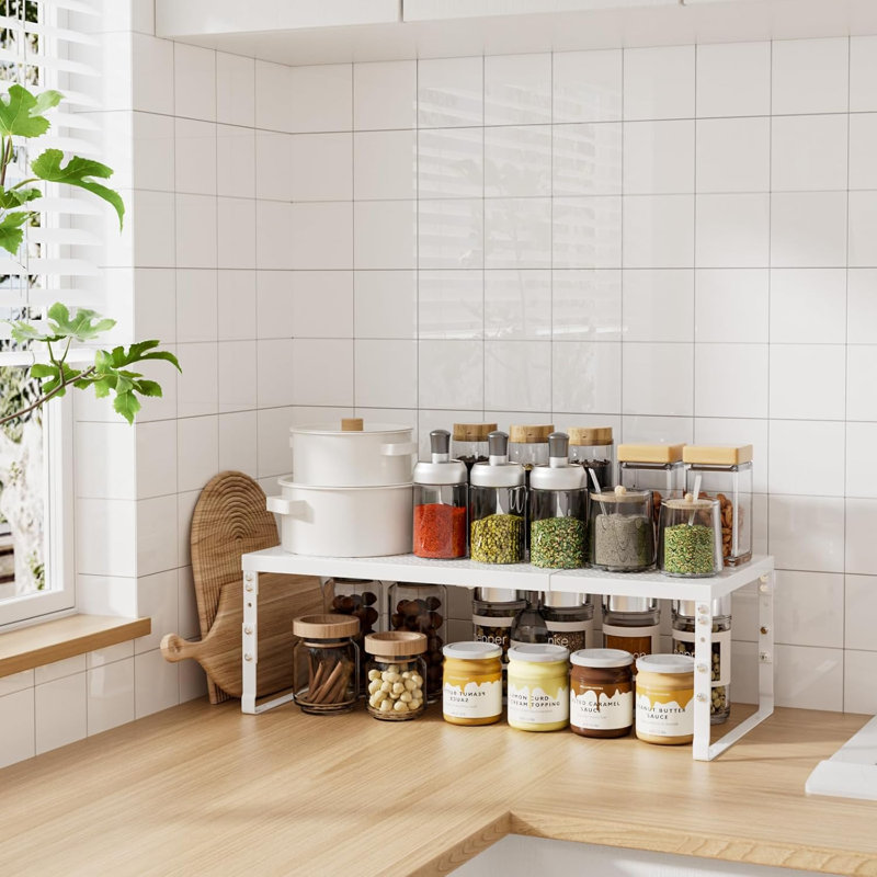 Expandable Adjustable Stackable Multi-Purpose Spice Racks,Metal Storage Rack, Practical Kitchen Pantry Shelves, Countertop(1Pack/White,Medium)