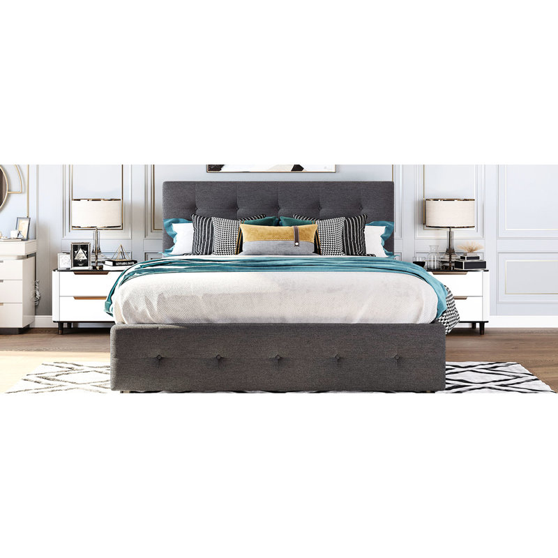 2 Drawers & 1 Twin Xl Trundle Upholstered Platform Bed, Queen Size - Dark Grey And Offers A Stylish Practical Bedroom Solution