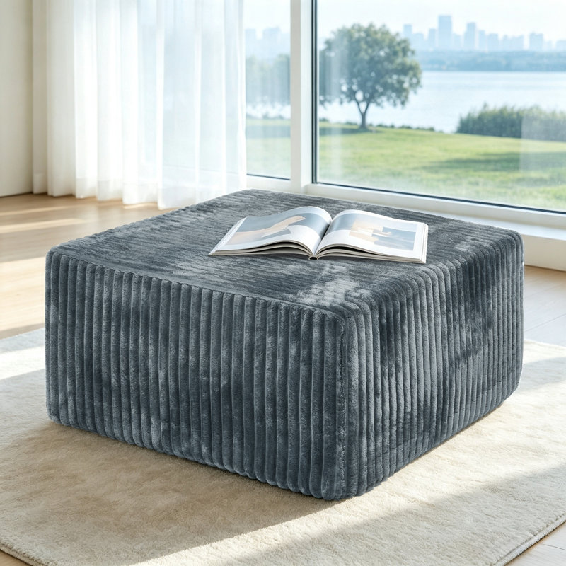Repose-pieds carré carré en velours côtelé à rayures, tabouret polyvalent rembourré pour le salon, Grey