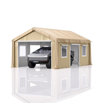 13' X 20' Yellow Heavy Duty Carport With 0.8mm Steel Tubes And 180G PE Top Cover, 140G PE Side Panels, 8 Reinforced Leg Poles And 4 Roll-Up Doors For Pickup Truck And Boat Storage