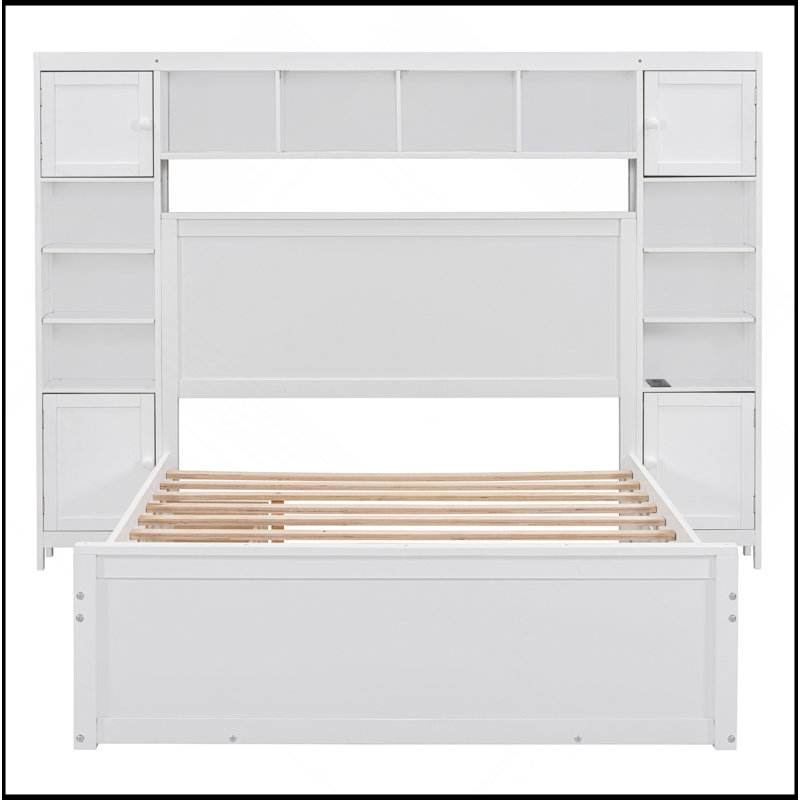 Lit double en bois avec armoire tout-en-un, tablette et prises, lit gigogne simple, Blanc