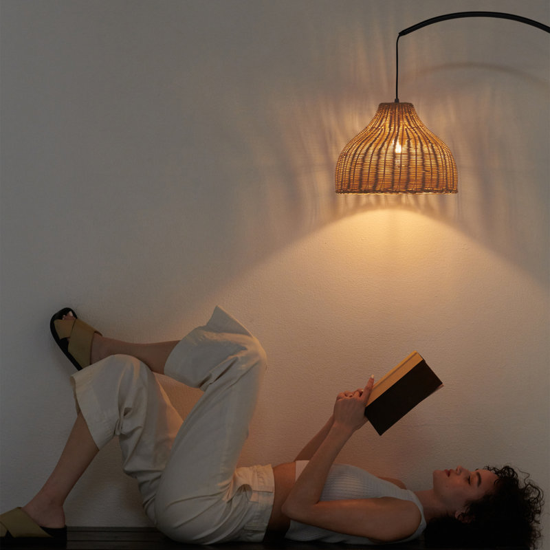 Lark 75" Modern Boho LED Arc Floor Lamp in Black with Hanging Rattan Shade, Matte Black