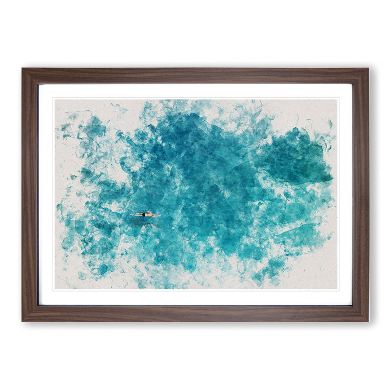 Swimmer in the Sea - Picture Frame Painting, Walnut Framed, 27cm H x 36cm W x 2cm D