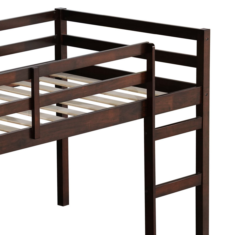 Lit mezzanine simple en bois massif, en bois d'hévéa avec échelle, plateforme de lattes renforcées, espresso