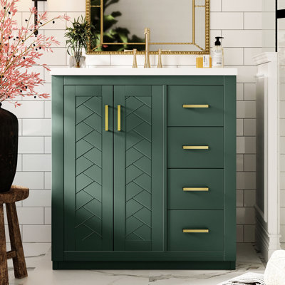 Meuble-lavabo de 30 po avec cadre en bois massif, charnières, planches, grand espace de rangement, design rétro et poignées en métal exquises pour les articles de toilette