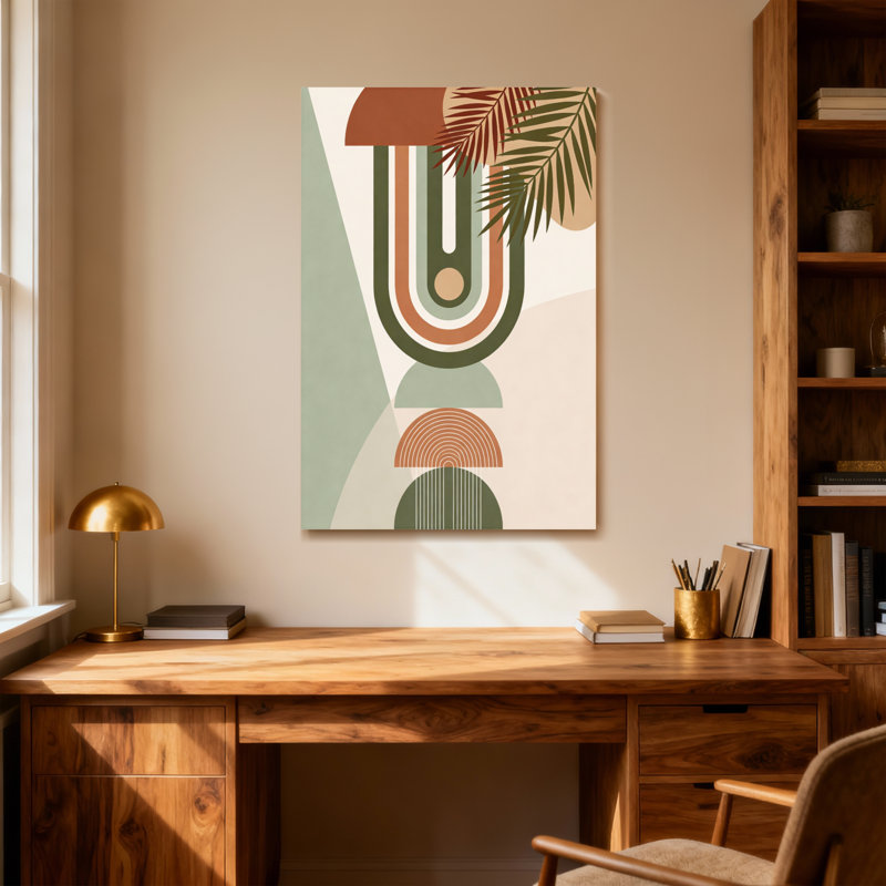 Abstrait formes géométriques abstraites avec des feuilles tropicales, H 40 po x l 28 po