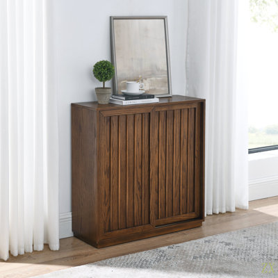 Mid Century Sideboard With 2 Sliding Door & Solid Wood Decorative Strips, Storage Cabinet For Living Room, Kitchen, Dining, Entryway, Hallway