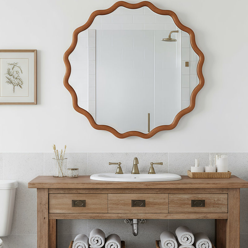 36 inch Wavy Round Solid Wood Frame Decorative Mirror,For Bedroom, Bathroom, Living Room, Entryway, 36" x 36", Yellow Brown