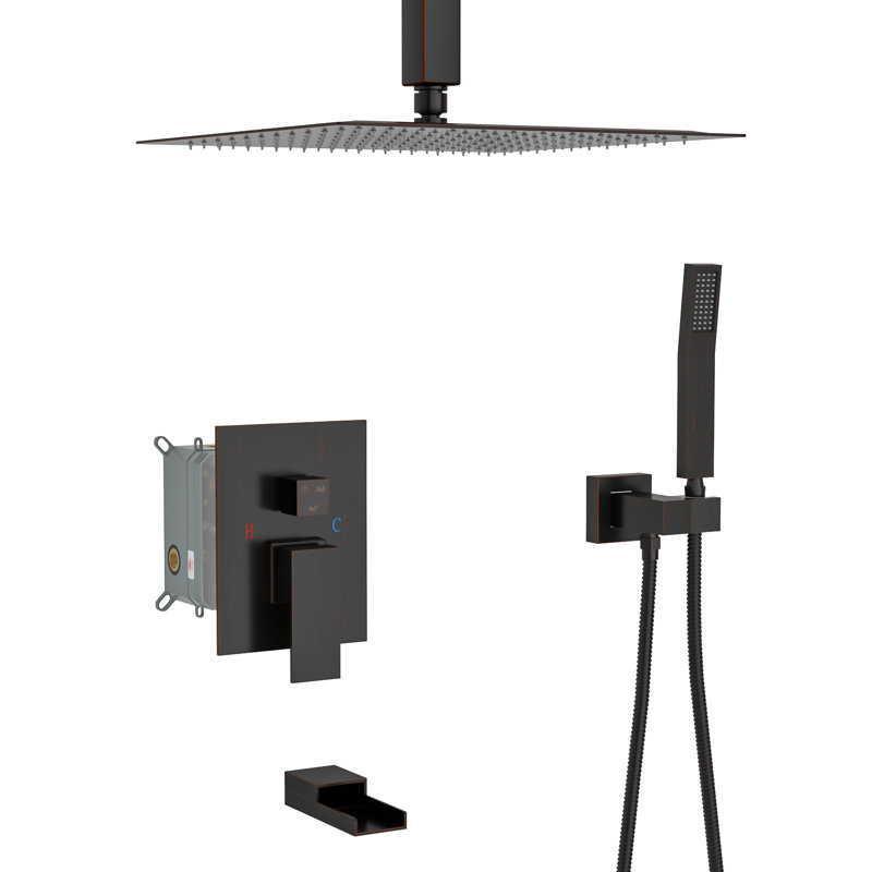 Douche huilée en bronze huilé - Douche de baignoire à fixation au plafond de 12 pouces avec douchette à 3 fonctions pour la pluie et les douches à main - Valve équilibrée Installation facile Entretien du système avec garantie d'hygiène d'installation