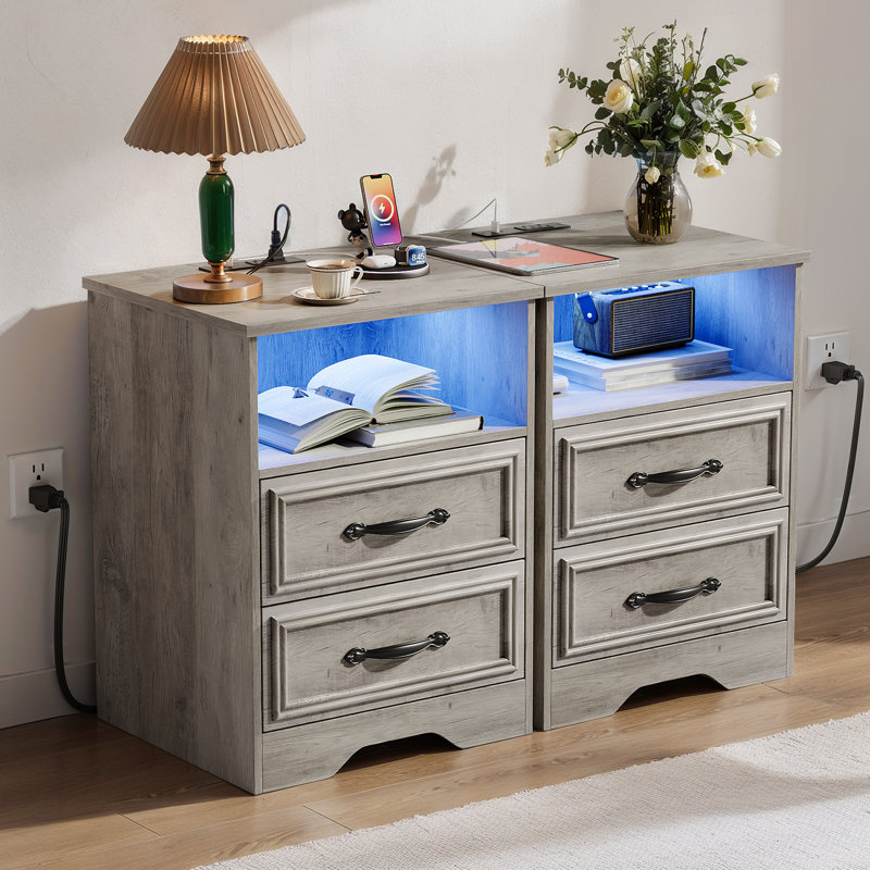  Ensemble de commode 3 pièces - commode 10 tiroirs et deux tables de chevet 2 tiroirs avec station de charge, gris délavé
