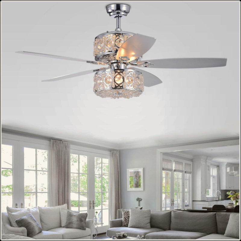 Ventilateur de plafond 6 lumières à deux lampes avec abat-jour en cristal 52 pouces Velko