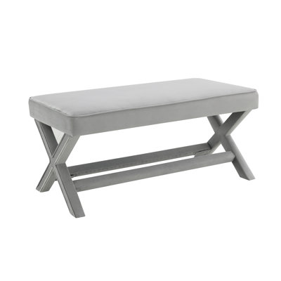 Double banc Comfort revêtu de velours, tabouret avec pieds élégants en X, coussin confortable avec passepoil, velours gris clair