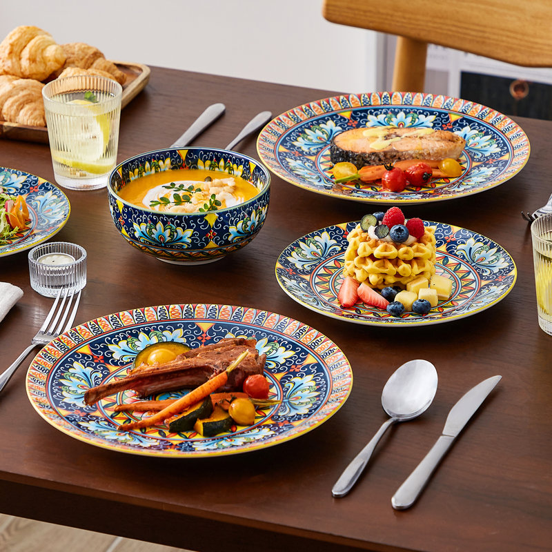12 Pieces Porcelain Dinnerware Set, Multicolour Set, Dinner Plate, Dessert Plate And Bowl Set For 4 Person, Polychrome, Ceramic Stamping In Bohemian Style