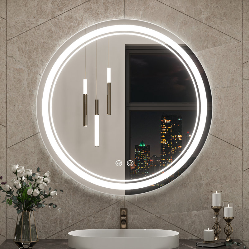 Lashonta Round Frameless Frontlit Bathroom Mirror with Stepless Brightness Adjustment, 3 Color Temperature & Defog Function