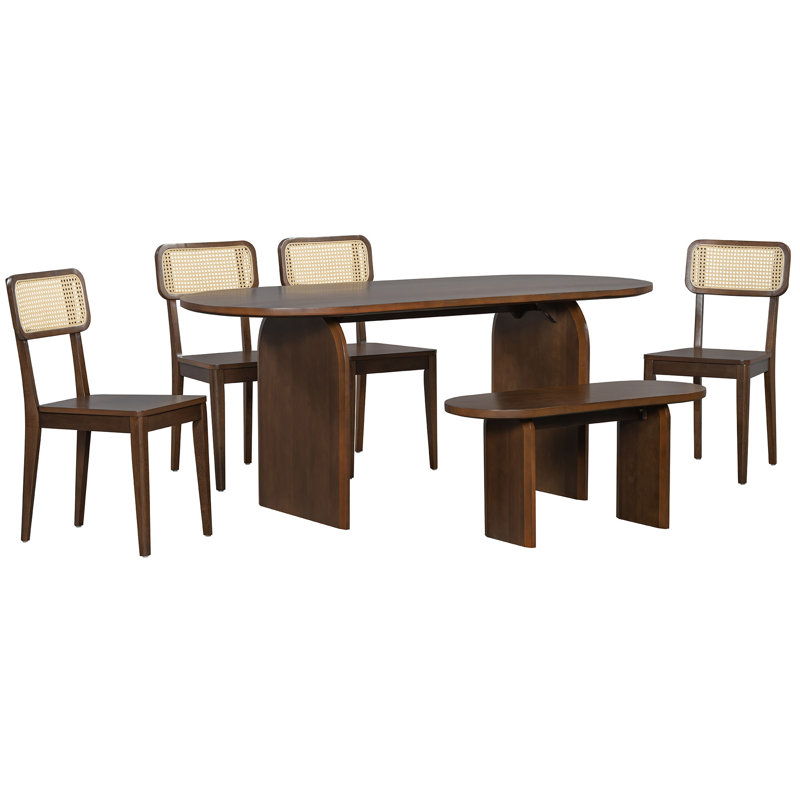 6-Piece Oval Dining Table Set with a Bench and 4 Rattan-back Chairs, Brown