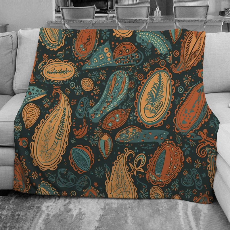 Jeté en molleton botanique, L 51 po x L 60 po, Bleu / motif cachemire brun