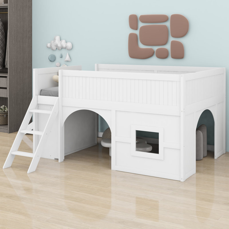 Lit mezzanine en bois à profil bas avec glissade, tablettes de rangement, Blanc