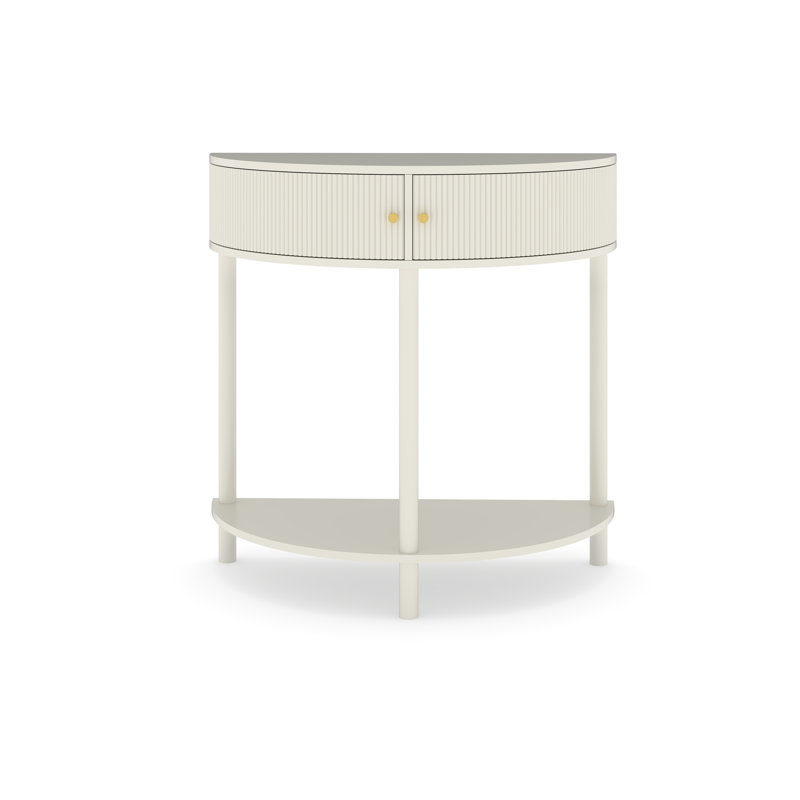Artisan-Crafted Wave-Pattern Demi-Lune Console Table with Creamy White Finish,Unique Half Moon Design End Table with 2 Storage Drawers and Bottom Shelf for Living room, Bedroom, Study, Hallway
