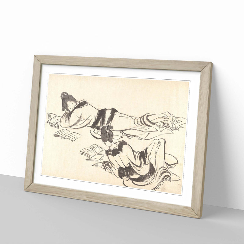 Girls Studying by Katsushika Hokusai - Picture Frame Painting Print, 36cm H x 48cm W x 2cm D, Oak Framed