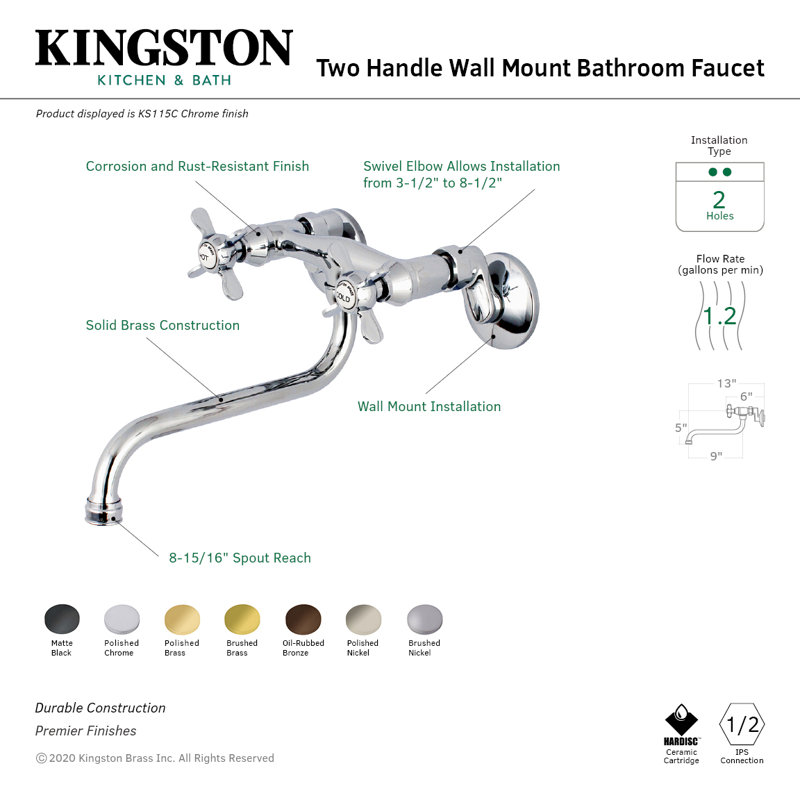 Kingston Brass Essex Two-Handle 2-Hole Wall Mount Bathroom Faucet, Polished Nickel