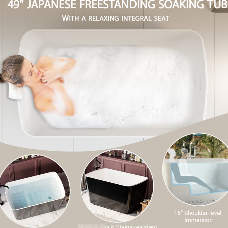 Baignoire de trempage japonaise 49 po x 28 po, en acrylique sur pied, noir brillant, avec trop-plein et baignoire combinée