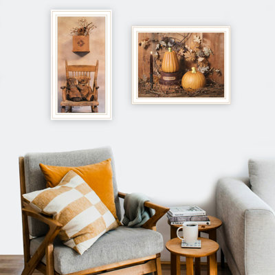 2 Friends And Pumpkins Wall Art: White Framed, Attractive Multicolor. For Living Room, Bedroom. 20"X18", 5 Lbs In Frame. Multicolor For Home Decoration.