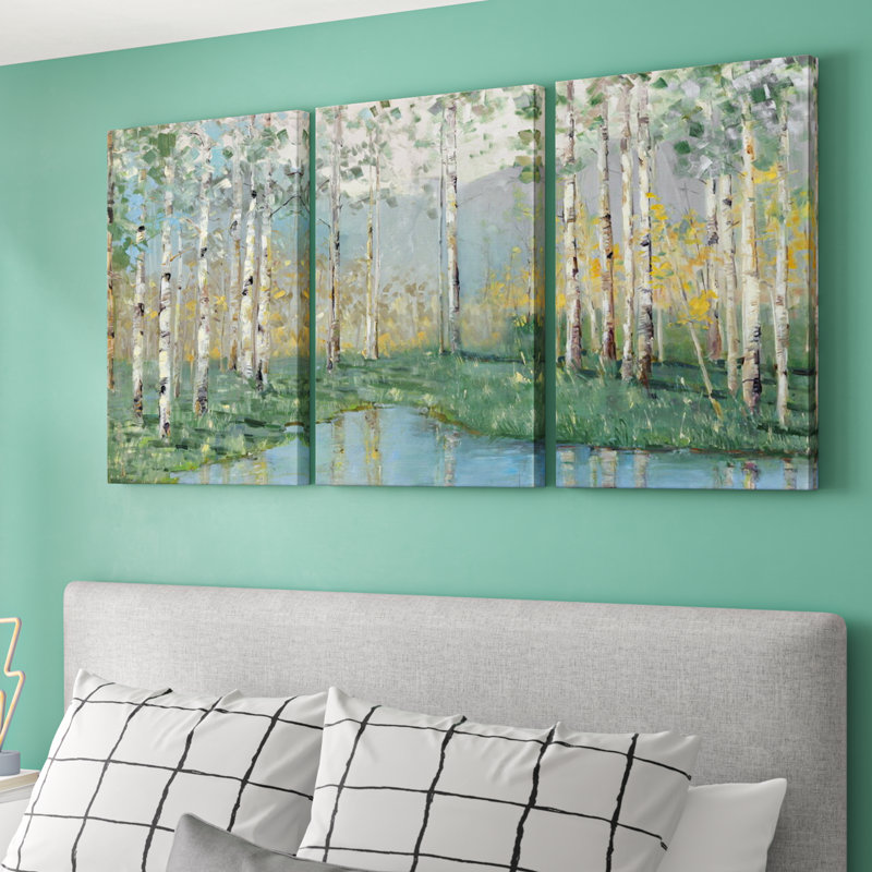 Birch River Reflections - Ensemble de 3 peintures sur toile tendue, H 27 po x l 54 po x P 1,5 po