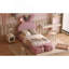 Lit plateforme simple tapissier avec oreilles dessinées et tête de lit rose clair