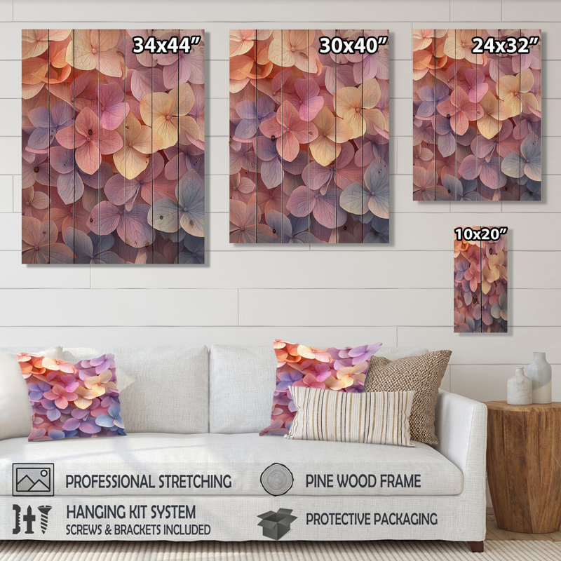 Hortensias jardin des couleurs de l'été I - décoration murale en bois d'hortensias - sur bois de pin naturel