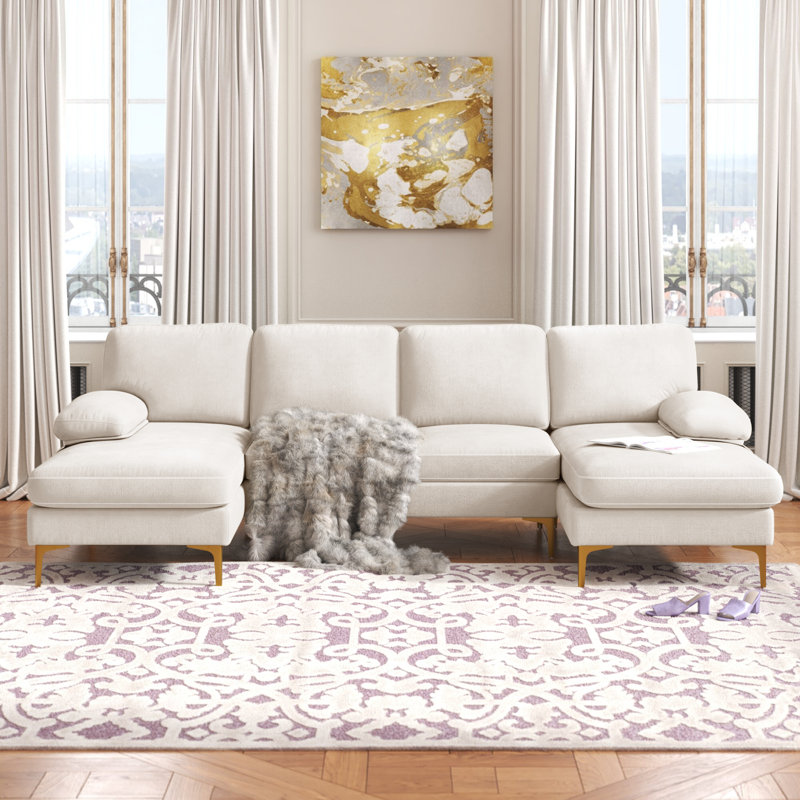 Canapé modulaire d'intérieur en U à 4 sièges Trego, Chenille blanc crème