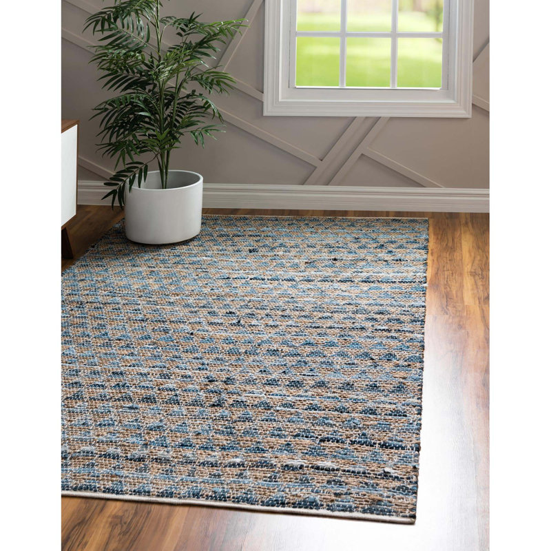 Tapis bleu / gris tissé à la main à motif géométrique Esen, Rectangle 4 pi 1 po x 6 pi 1 po